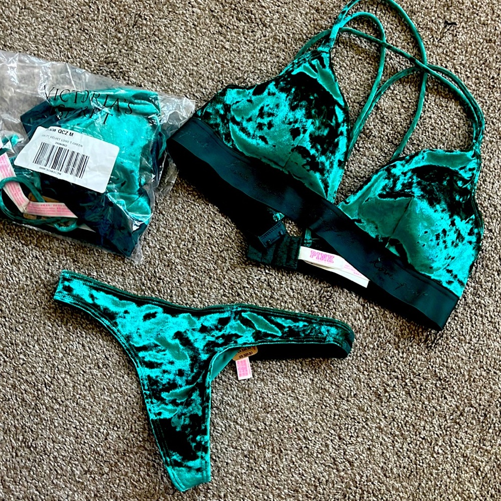 Pink Green Velvet Bralette and Panty